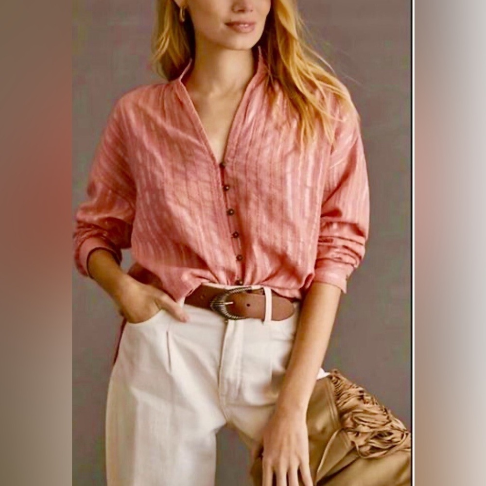 Pilcro x Anthropologie Tavi Coral Pink Shirt Button Silver Striped Peasant Small